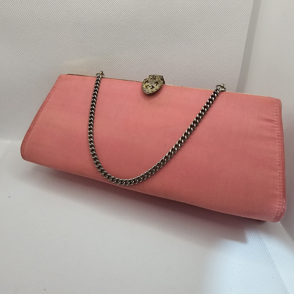 Coral Pink Linen Chain-Clasp Evening Clutch